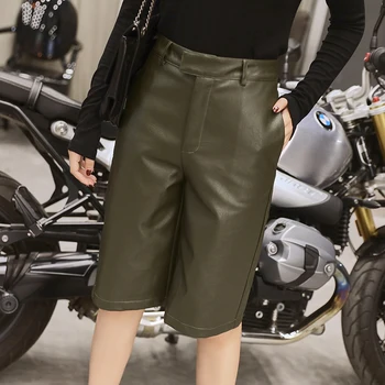Na jar roku 2022, Vysoký Pás Ženy PU Kožené Nohavice na Motocykel Žena Faux kožené Voľné Šortky Army Zelená