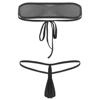 2 ks Dámske Erotické Bikini Oblečenie Micro Mini, Priehľadnej Sieťoviny priesvitný Set spodnej Bielizne bez Ramienok Tie-na Tube Podprsenka Top s Remeň G-String Nohavičky