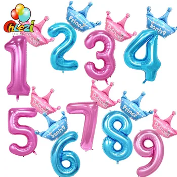 40 palcový, Ružové a Modré Číslo obrázok fóliové Balóniky+princezná, princ Fóliový Balón 1 2 3 rok chlapci dievčatá Narodeninovej Party dekor koruny loptu