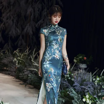 Ženy Printe Kvety Qipao Retro Slim Štrbinou Cheongsam Sexy Mandarin Golier Čínske Šaty Dlhé Večerné Party Šaty Elegantné Vestidos
