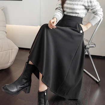 Ženy Slim Kórejský Sukne Pani Jeseň Zima Vysoký Pás A-Line Dizajn Tlačidiel, Pevný Sukne Ženskej Módy Bežné Japonsko Streetwear